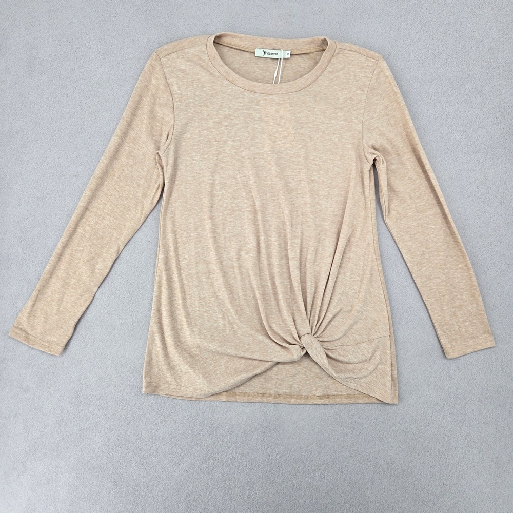 Yidarton Womens NWT Small Long Sleeve Twist Front‎ Knot Hem Tan Heather Top